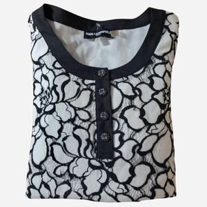Karl Lagerfeld Blouse Top Black White Small Floral Lace Overlay Business Formal